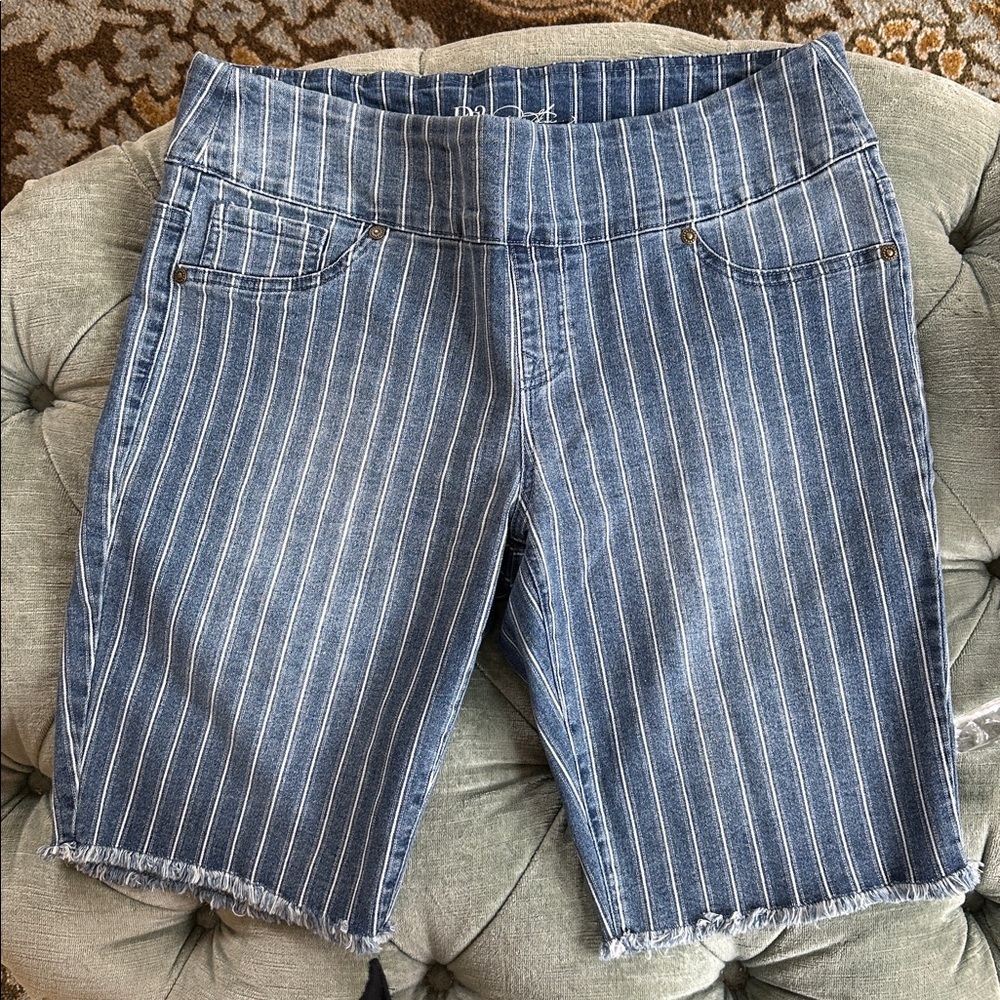 Blue and White Striped Denim Shorts